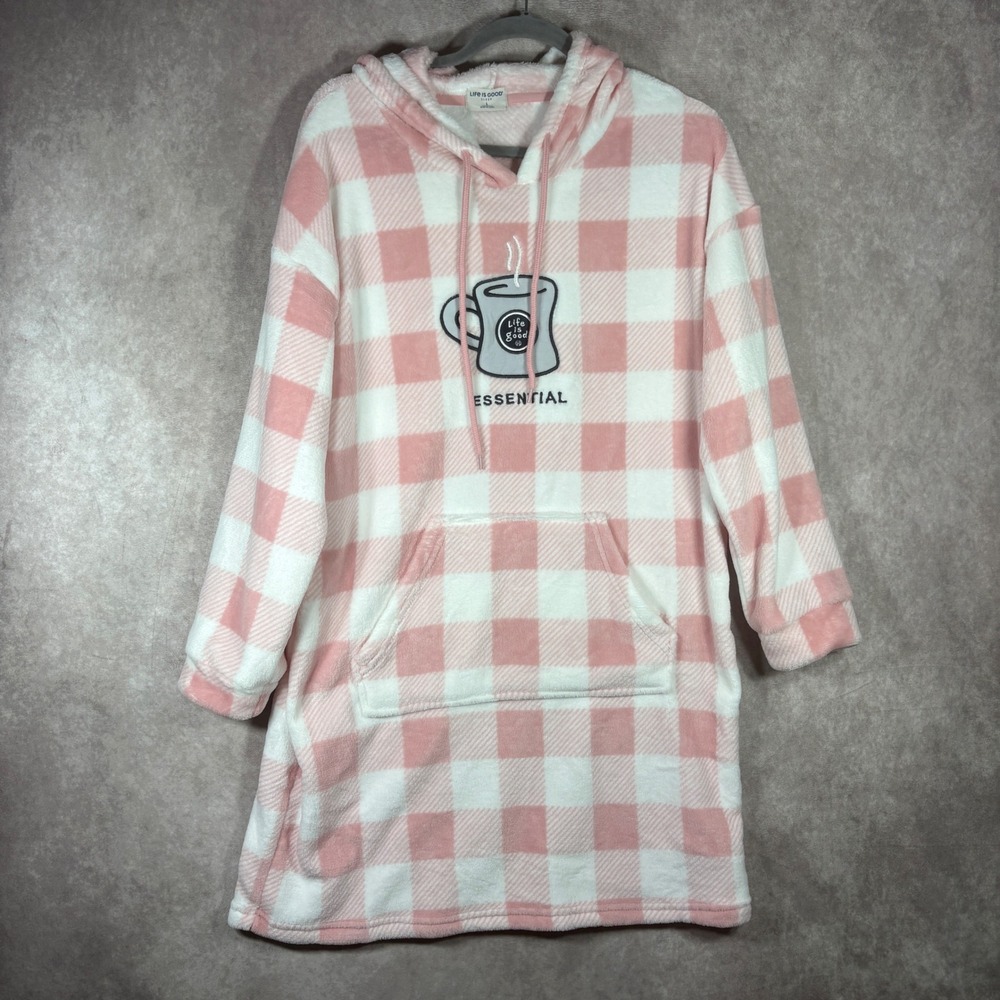 Life is Good Sleep Hoodie Gown Womens Large Pink Buffalo Plaid Coffee Fleece